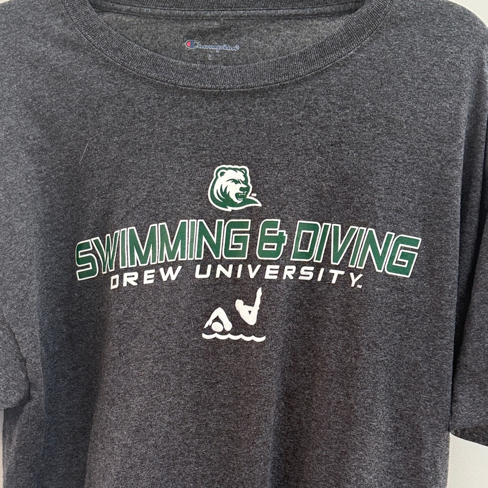 Champion Gray Short Sleeve Tee with Green & White Drew University Graphic